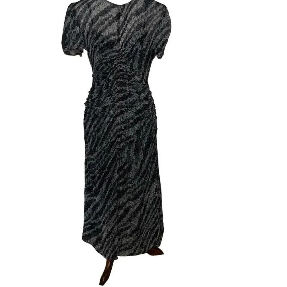 Rag & Bone Maris Midi Dress Silk Dress Zebra Animal Print Crinkle Ruched SZ 2